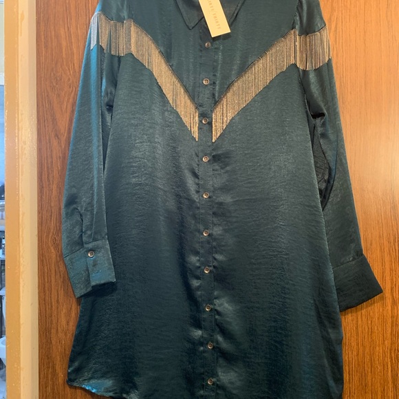 Elegant Teal Button Down Shirt with Fringe Detail - Picture 3 of 4